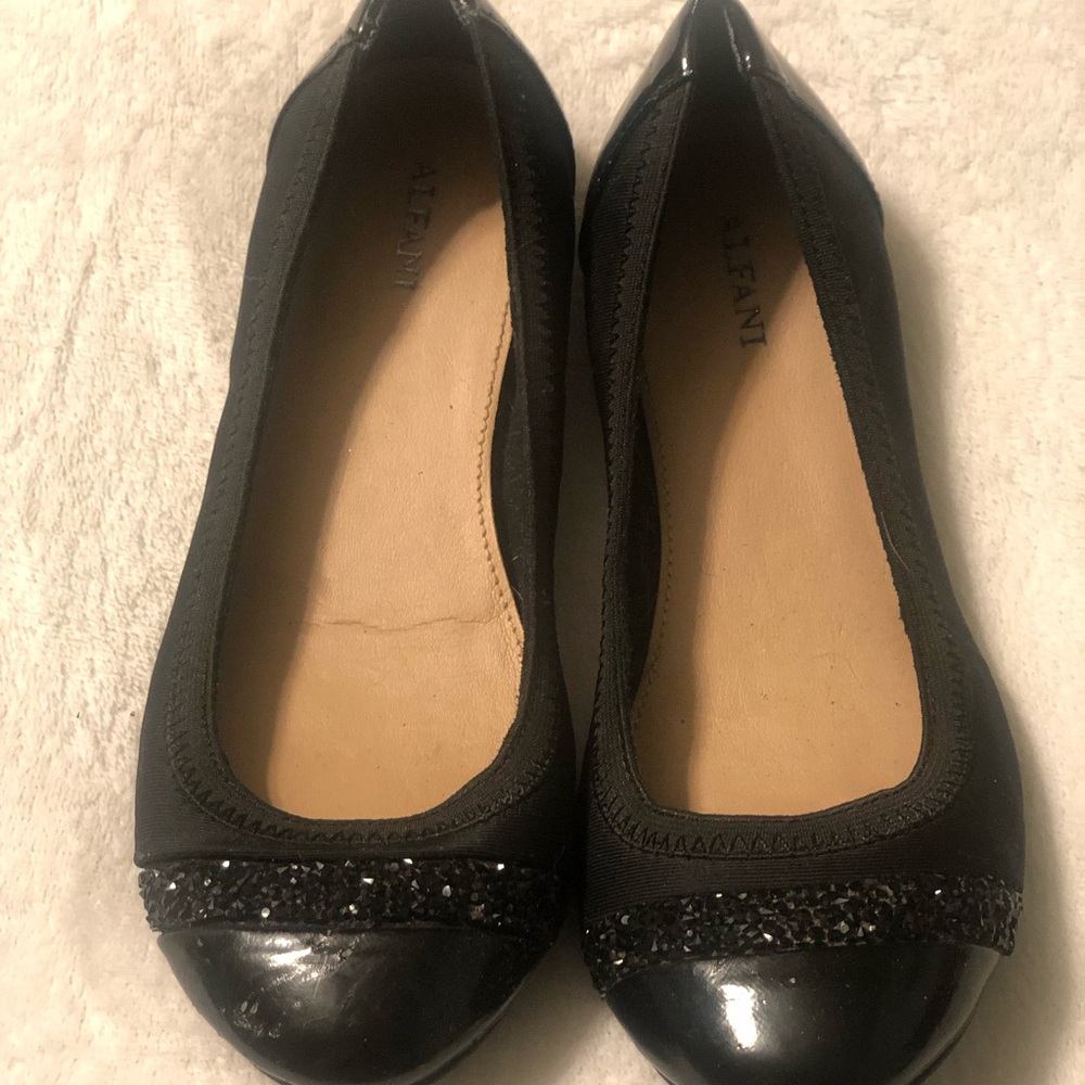 Alfani Black Flats with Shiny Toe Cap and Studded Embellishments
